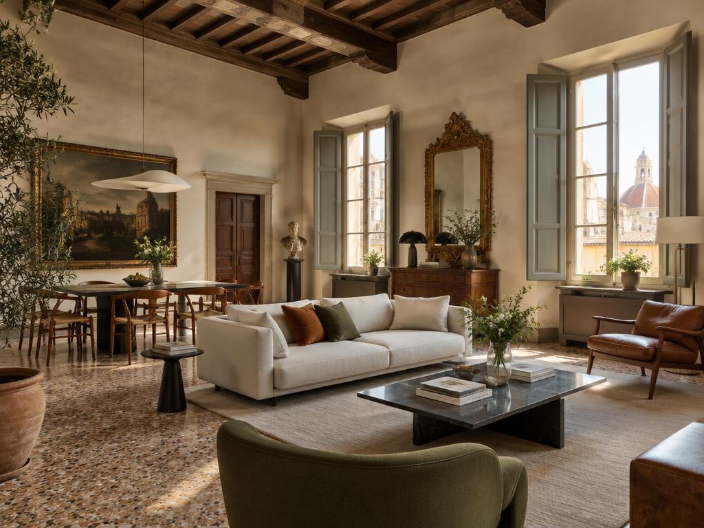 A mix of modern interior and historic features in an apartment in the centre of Lucca