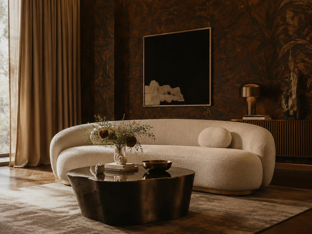 High-end furniture set with rich materials and warm colours, as built for a collection shoot