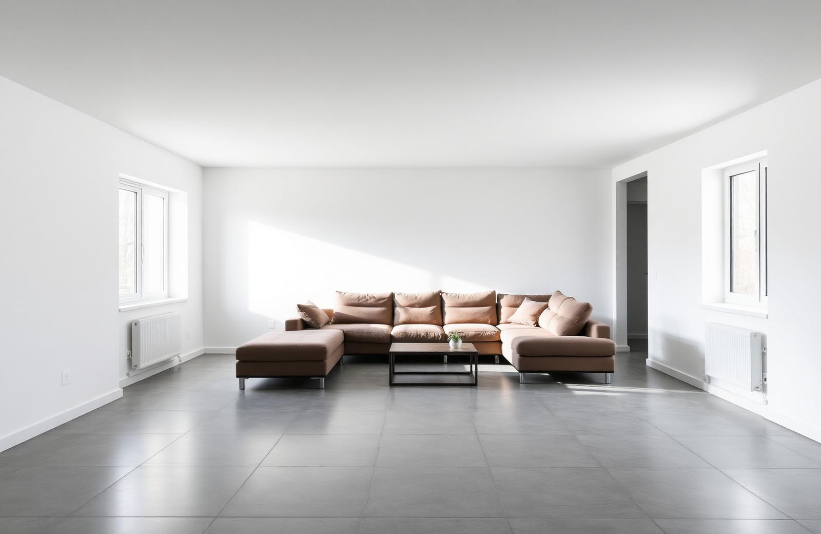 Sobere, steriele woonkamer van 300 m² woning vóór de herstyling